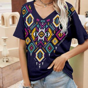 Tribal Design Short Sleeve V-neck T